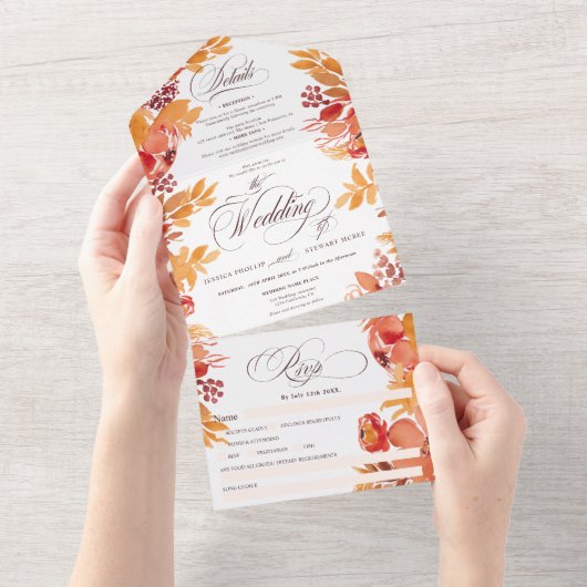 Rustieke terracotta herfst bloemenkalligrafie brui all in one uitnodiging (Afscheurbaar)