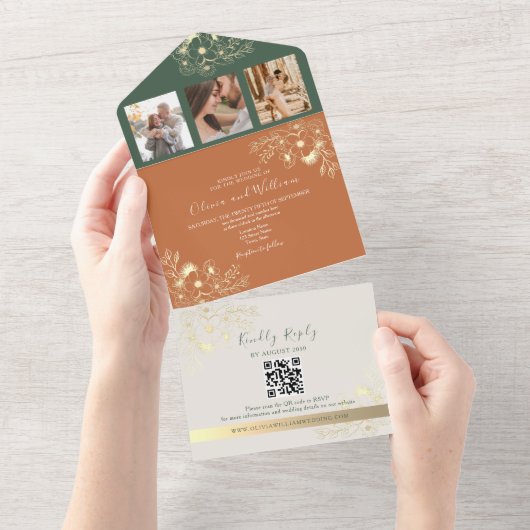 Rustieke Terracotta Olijfgroen Fall Wedding All In One Uitnodiging (Afscheurbaar)