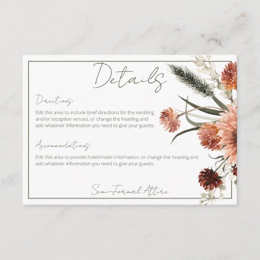 Rustieke Terracotta Rust Bloemen Details Informatiekaartje (Voorkant)