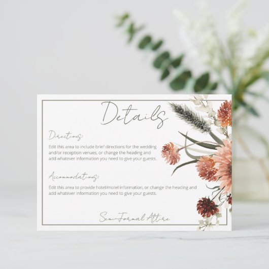 Rustieke Terracotta Rust Bloemen Details Informatiekaartje (Staand voorkant)