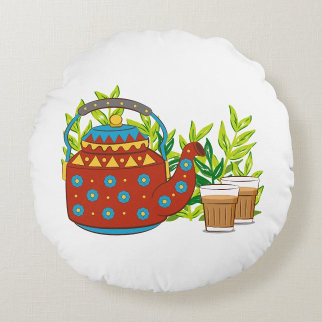 Rustieke theepot Schattigee trendy moderne Mok Rond Kussen (Voorkant)