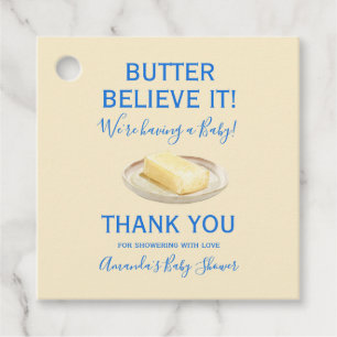 Rustieke thema boter geel blauwe baby shower bedankjes labels