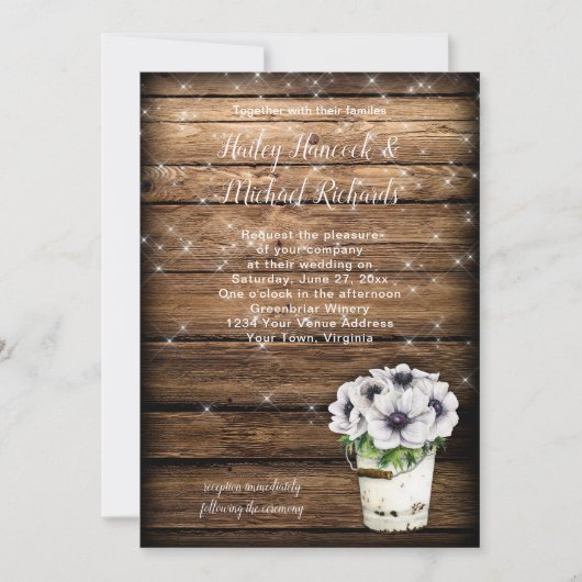 Rustieke Tin Bucket Anemones Sparkles Uitnodiging (Voorkant)