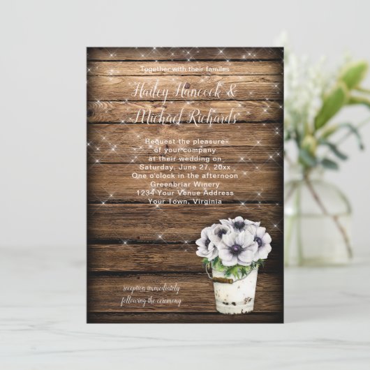 Rustieke Tin Bucket Anemones Sparkles Uitnodiging (Staand voorkant)