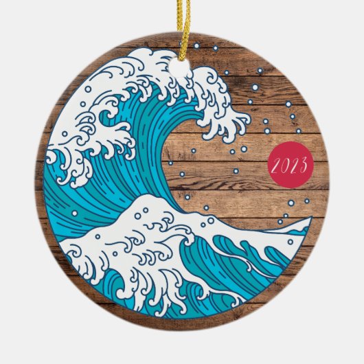 Rustieke titel Wave and Sun - aangepaste jaarnaam Keramisch Ornament (Voorkant)