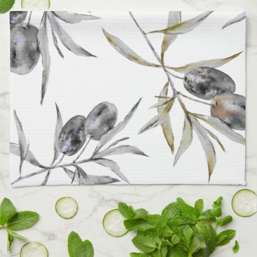 Rustieke Toscaanse Waterverf Olive Branch Theedoek (Gevouwen)