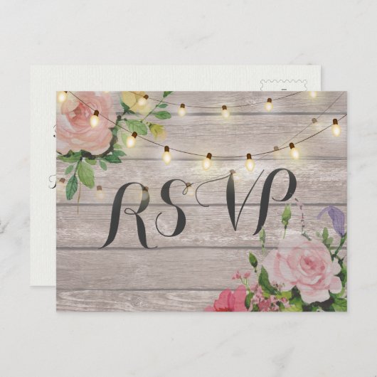 Rustieke Trouw Bloemige Houten Slinger Licht RSVP  Uitnodiging Briefkaart (Voorkant / Achterkant)