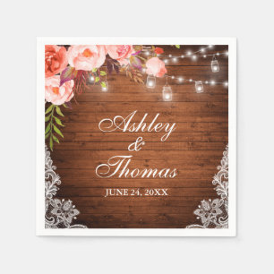 Rustieke Trouw Houten Pot Lichten Roze Koraal Kant Servet