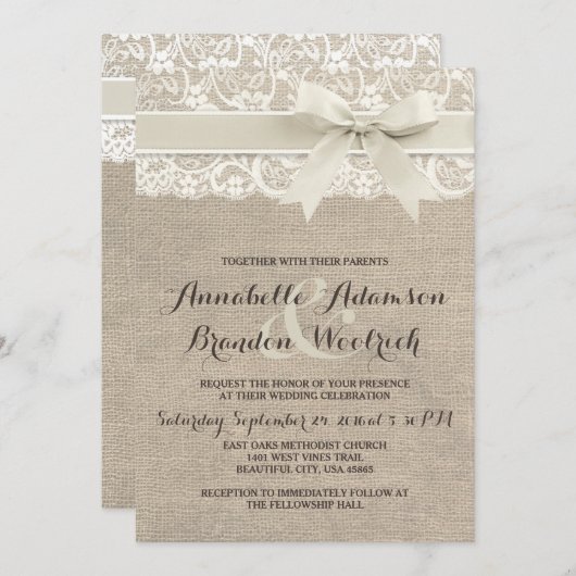 Rustieke Trouw Uitnodiging | Jute Kant Boog Uiterl (Voorkant / Achterkant)