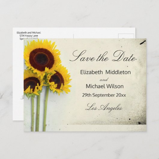 Rustieke trouw-zonnebloem save the date kaart (Voorkant / Achterkant)