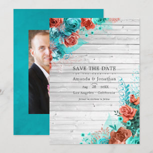 Rustieke turquoise en koraal rustieke bloemige tro save the date