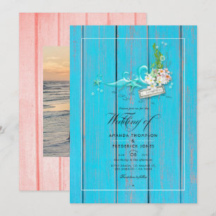Rustieke turquoise en koraalstrand trouwfoto kaart