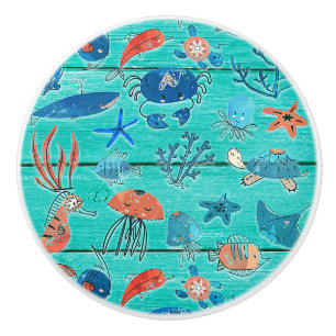 Rustieke turquoise hout & onder de zee vrienden gr keramische knop