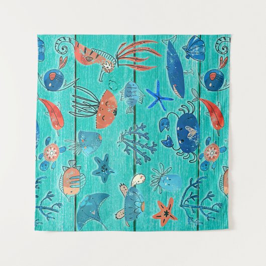 Rustieke turquoise hout & onder de zee vrienden sp wandkleed (Voorkant (horizontaal))