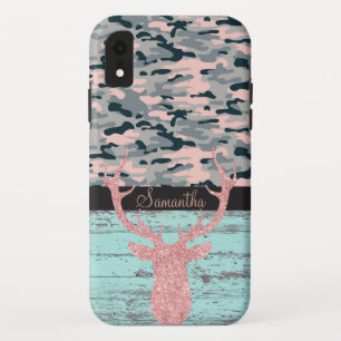 Rustieke turquoise hout roze geweistak camouflage iPhone XR hoesje