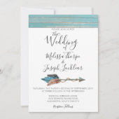 Rustieke Turquoise hout veren bruiloft uitnodiging (Voorkant)
