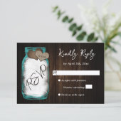 Rustieke Turquoise Metselaarsvaas Houten Bruiloft RSVP Kaartje (Staand voorkant)