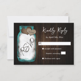 Rustieke Turquoise Metselaarsvaas Houten Bruiloft RSVP Kaartje
