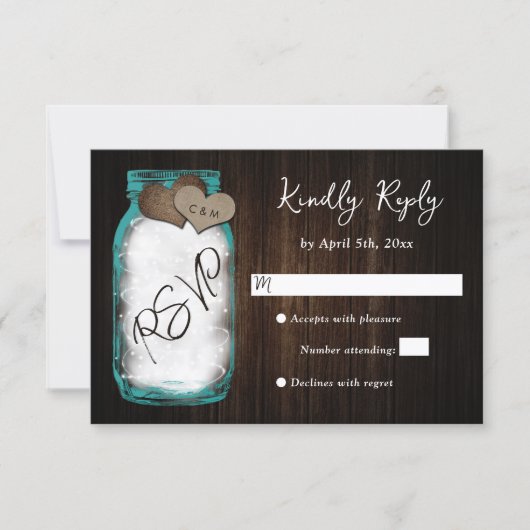 Rustieke Turquoise Metselaarsvaas Houten Bruiloft RSVP Kaartje (Voorkant)