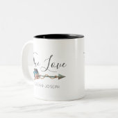 Rustieke turquoise veer pijl boho chique ware lief tweekleurige koffiemok (Voorkant links)