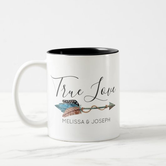 Rustieke turquoise veer pijl boho chique ware lief tweekleurige koffiemok (Links)