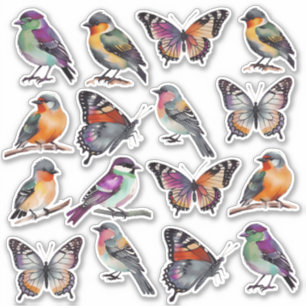 Rustieke veelkleurige Waterverf Vogels en Vlinders Sticker