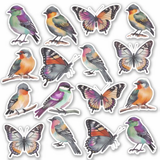 Rustieke veelkleurige Waterverf Vogels en Vlinders Sticker (Voorkant)