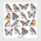 Rustieke veelkleurige Waterverf Vogels en Vlinders Sticker (Vel)