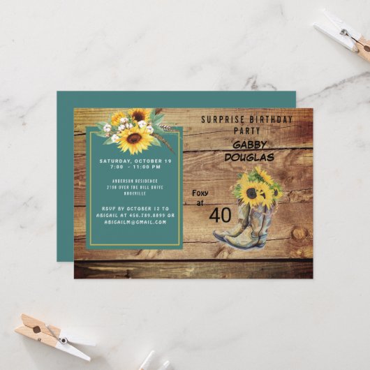 Rustieke veertigste verjaardag zonnebloem partij kaart (Voorkant / Achterkant in situ)