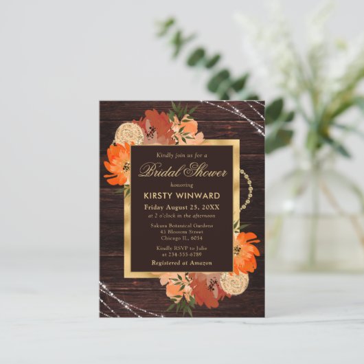 Rustieke verbrande oranje herfstbloemen bruiloft briefkaart (Staand voorkant)