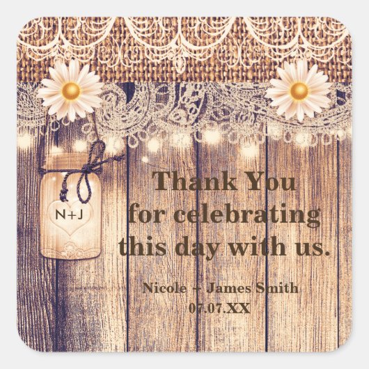 Rustieke verlichte Mason Jars Daisies & Lace bruil Vierkante Sticker (Voorkant)