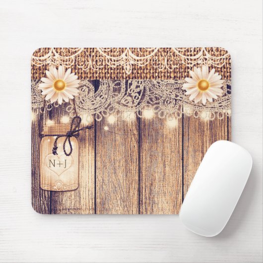 Rustieke verlichte Mason Jars Daisies & Lace Compu Muismat (Met muis)