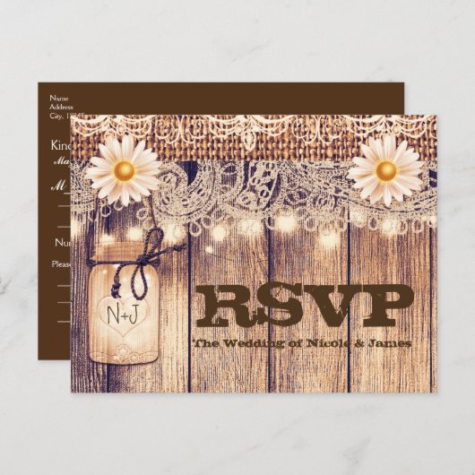 Rustieke verlichte metseljars Madeliefjes & Kant R Uitnodiging Briefkaart (Voorkant / Achterkant)