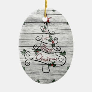 Rustieke verouderde schuur hout kerstboom Holly Keramisch Ornament