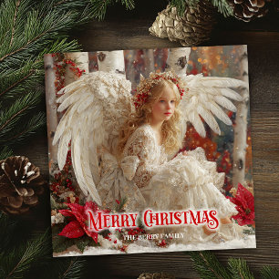 Rustieke vintage engel rood wit goud vrolijke kaar feestdagenkaart