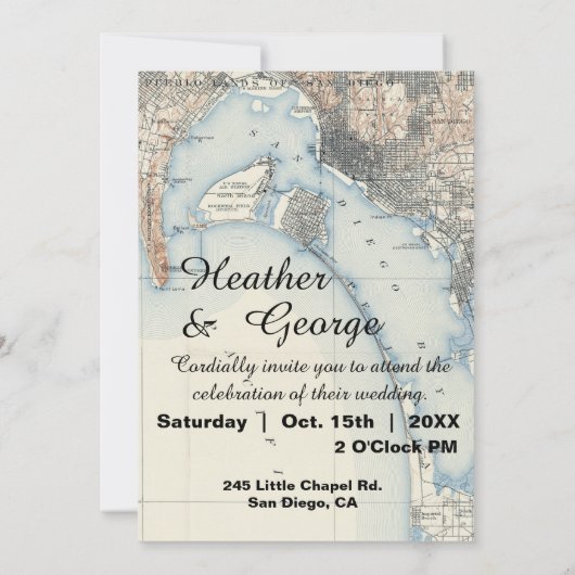Rustieke Vintage San Diego Kaart Trouwuitnodiging (Achterkant)