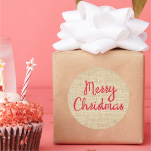 Rustieke vrolijke kerst Burlap Print rood en bruin Ronde Sticker