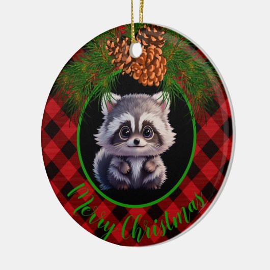 Rustieke wasbeer zwart geruite geruite dennenappel keramisch ornament (Links)