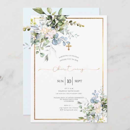 Rustieke Waterverf Blauwe Gum Eucalyptus Doopfeest Kaart (Voorkant / Achterkant)