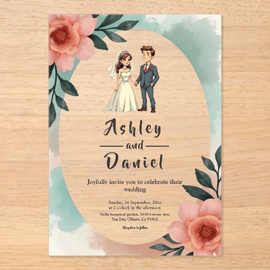 Rustieke Waterverf Bloemenbruid en bruidegom bruil Acryl Uitnodigingen (Voorkant)