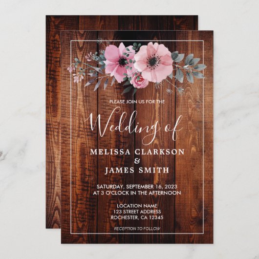 Rustieke waterverf bloemenschuur hout bruiloft kaart (Voorkant / Achterkant)