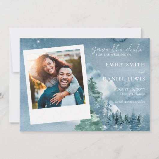 Rustieke Waterverf Bomen en Bergen Dusky Blue Save The Date (Voorkant)