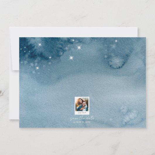 Rustieke Waterverf Bomen en Bergen Dusky Blue Save The Date (Achterkant)