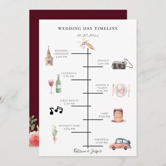 Rustieke Waterverf Bourgondische bruiloft tijdlijn Programma (Voorkant / Achterkant)