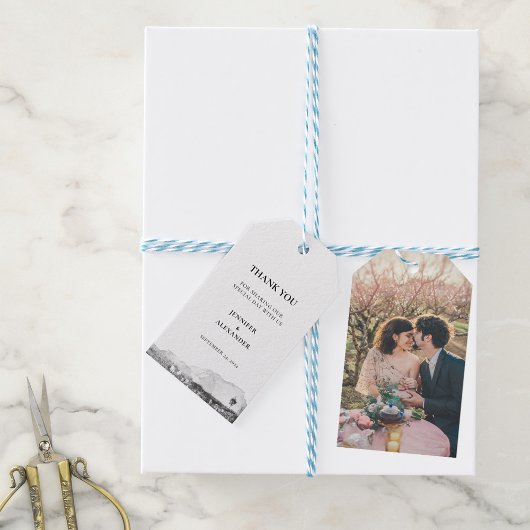 Rustieke waterverf dank u foto berg bruiloft cadeaulabel