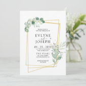 Rustieke Waterverf Eucalyptus Goud Lijst Bruiloft Kaart (Staand voorkant)