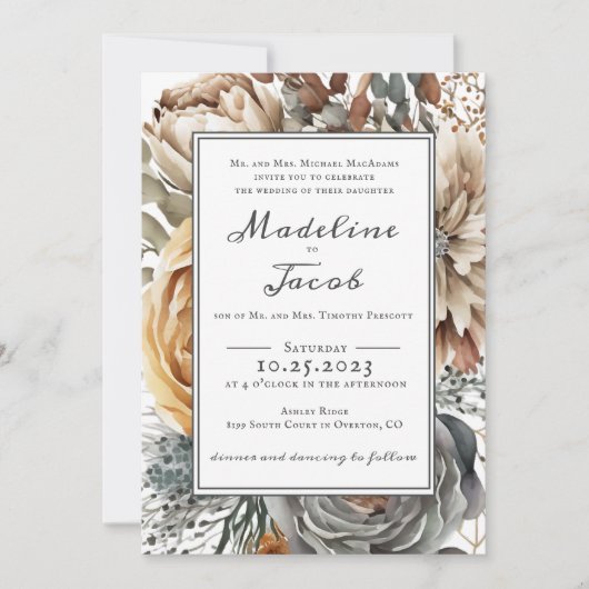 Rustieke Waterverf Floral Modern Script Bruiloft Kaart (Voorkant)
