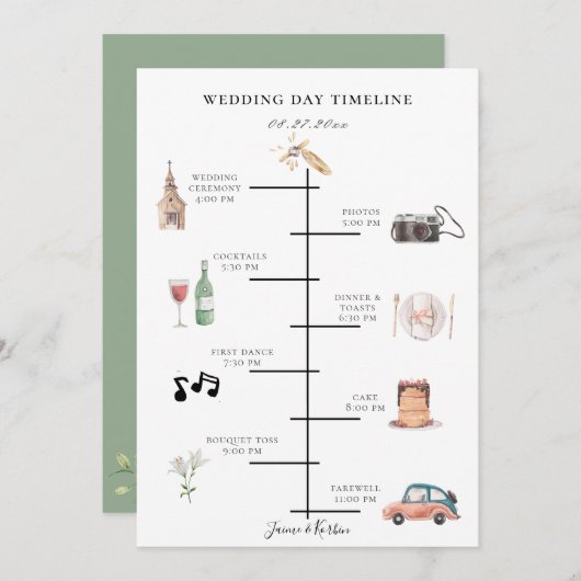 Rustieke Waterverf geïllustreerde trouwdag tijdlij Programma (Voorkant / Achterkant)