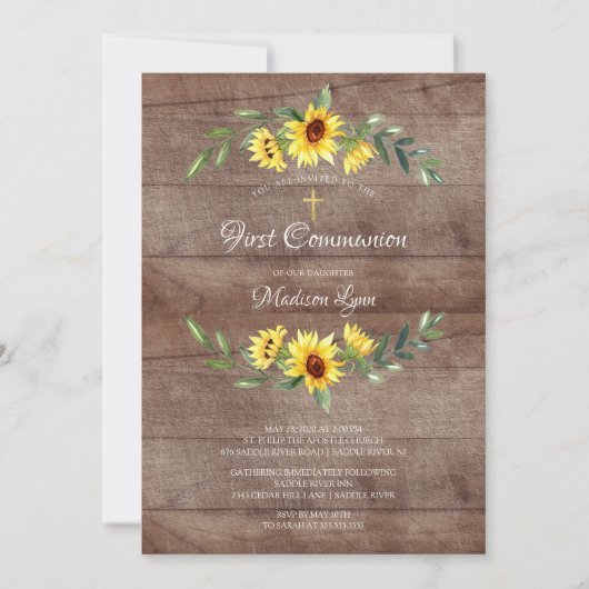 Rustieke Waterverf Gele Zonnebloem Eerste Communie Kaart (Voorkant)