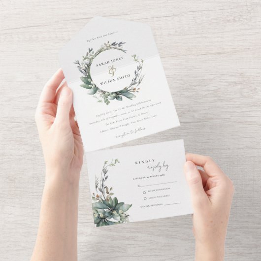 Rustieke Waterverf Groen gebladerte krans bruiloft All In One Uitnodiging (Afscheurbaar)